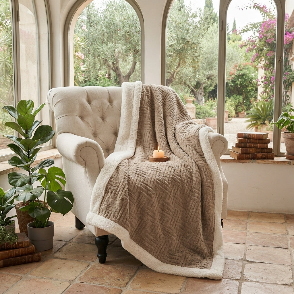 Plaid Cocooning Beige en Molleton Flanelle Brossé – Douceur et Élégance Naturelle