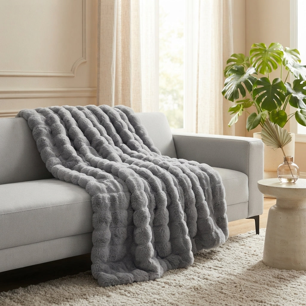 Plaid Fausse Fourrure Luxe Gris Perle – Ultra-Doux & Texturé